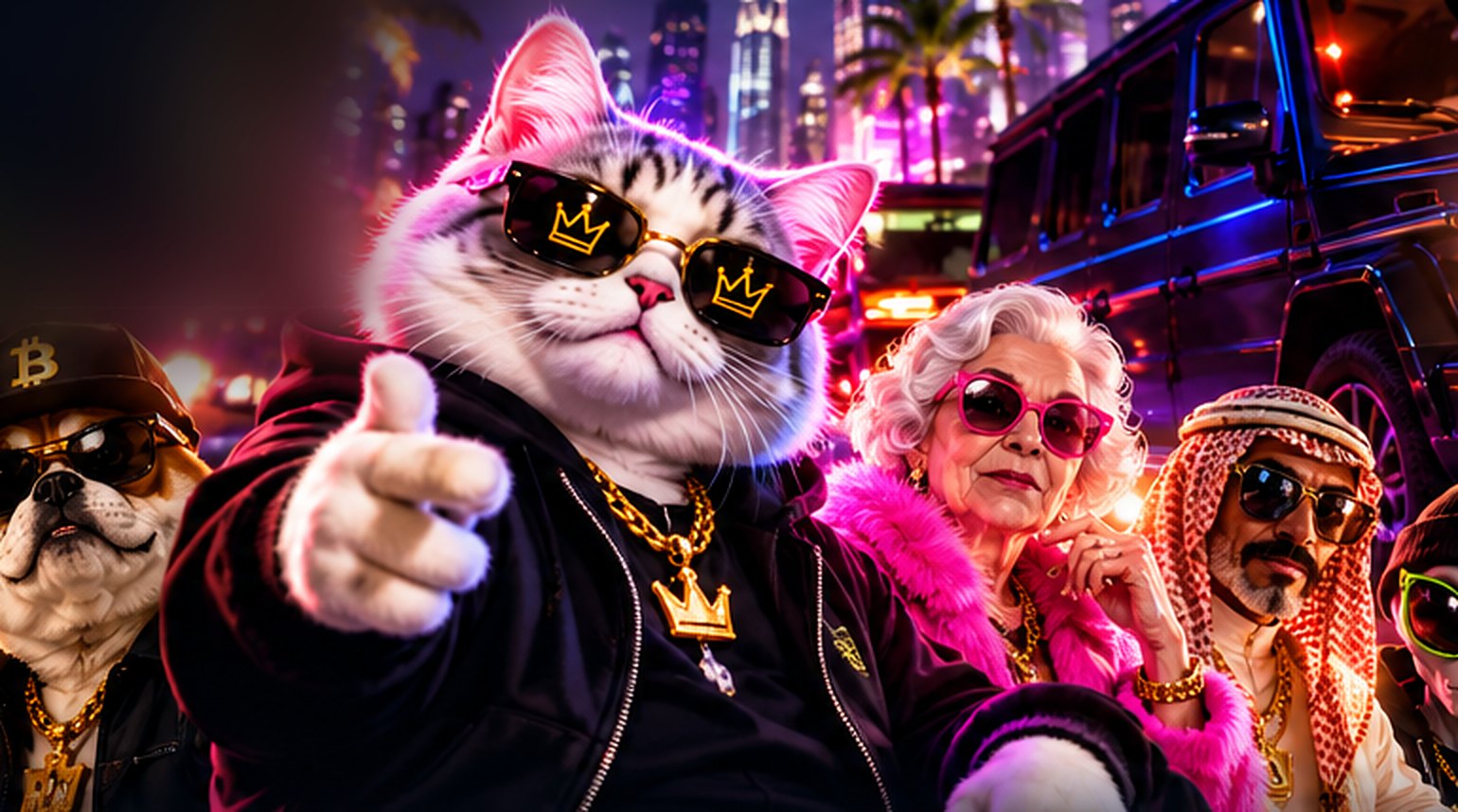 AI KITTY with the TrendsPad crew: Crypto Shiba, Glam Grandma, Dubai Habibi and friends